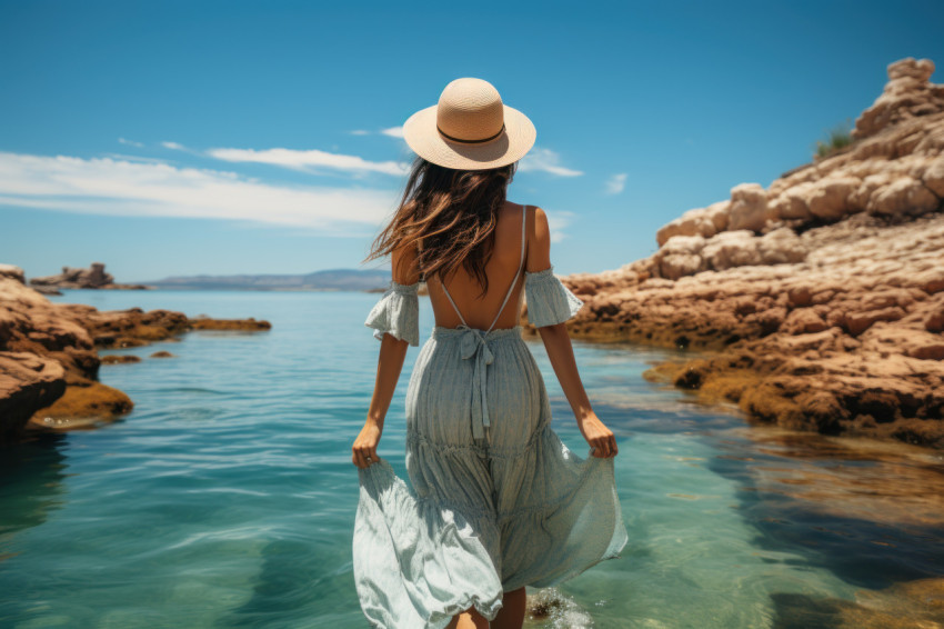 Elegant woman wearing white dress and sun hat by the ocean