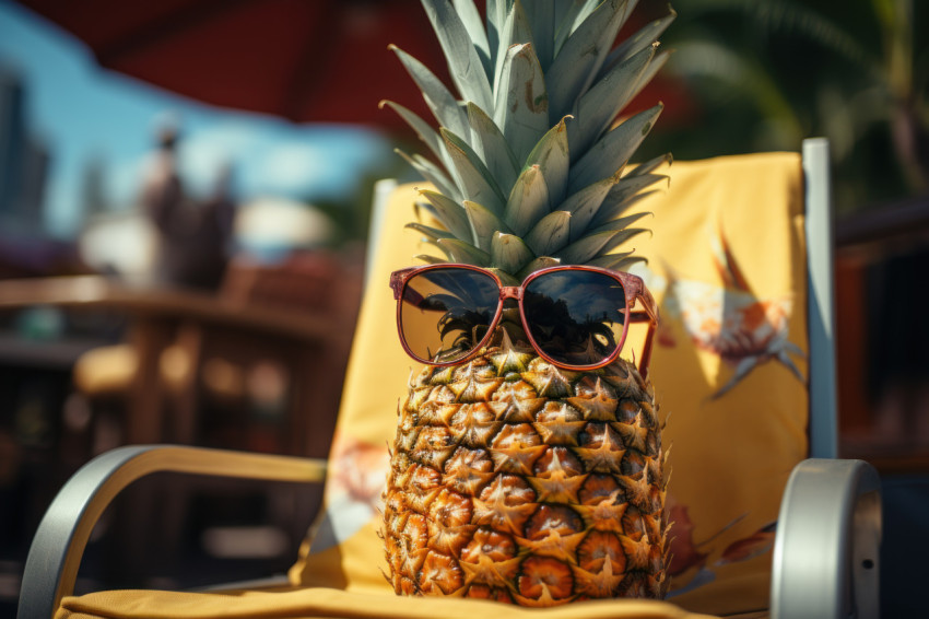 Pineapple chilling on a beach chair with trendy shades