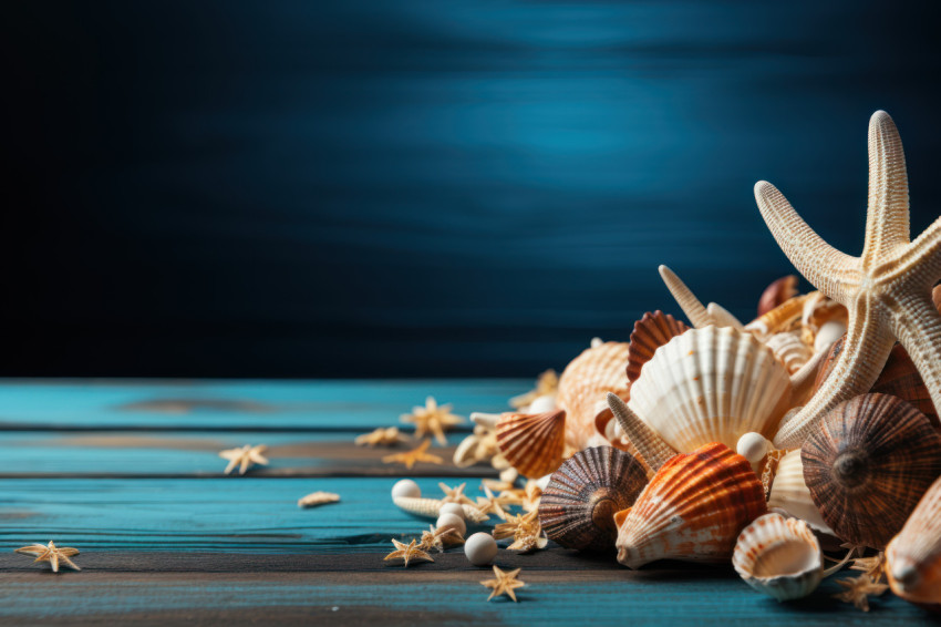 Seashell starfish and rope on rustic blue surface