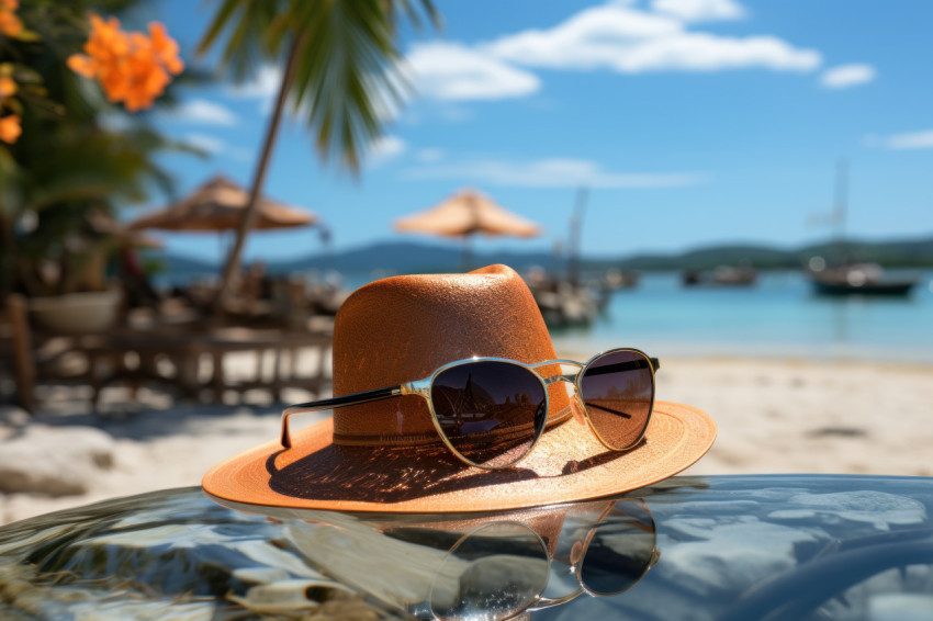 Sunglasses and hat resting at the beach edge