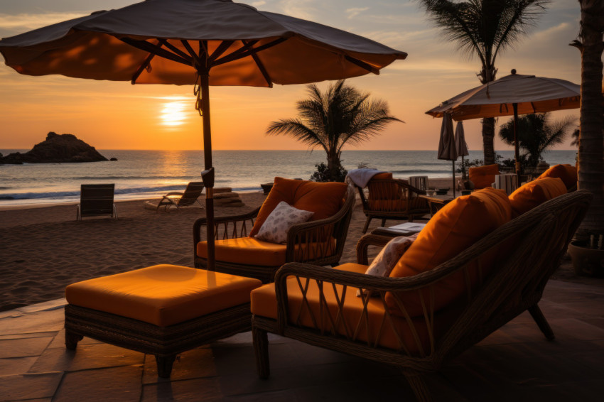 Aligned lounge chairs and umbrellas by the shore