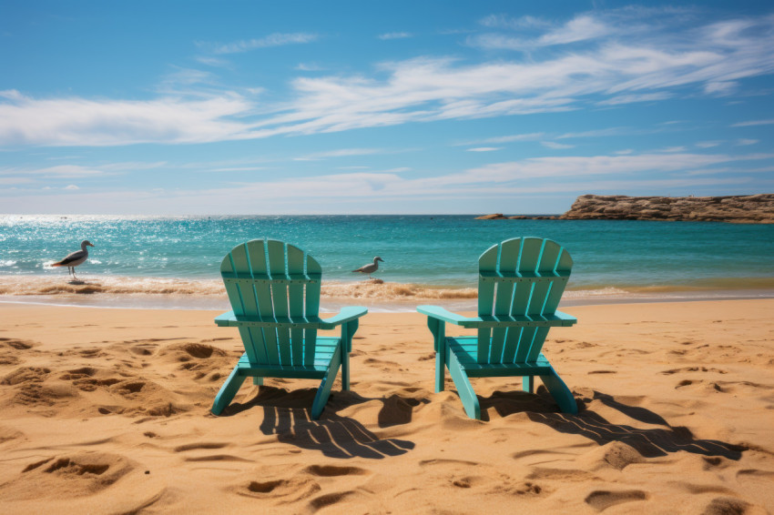 Sunlit relaxation on two sandy lounge chairs