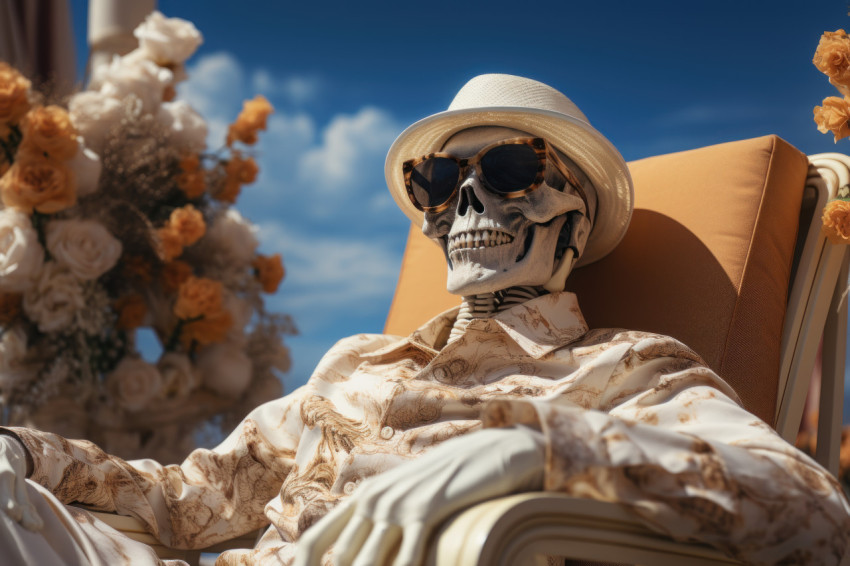 Skeleton unwinding on a sunny shore