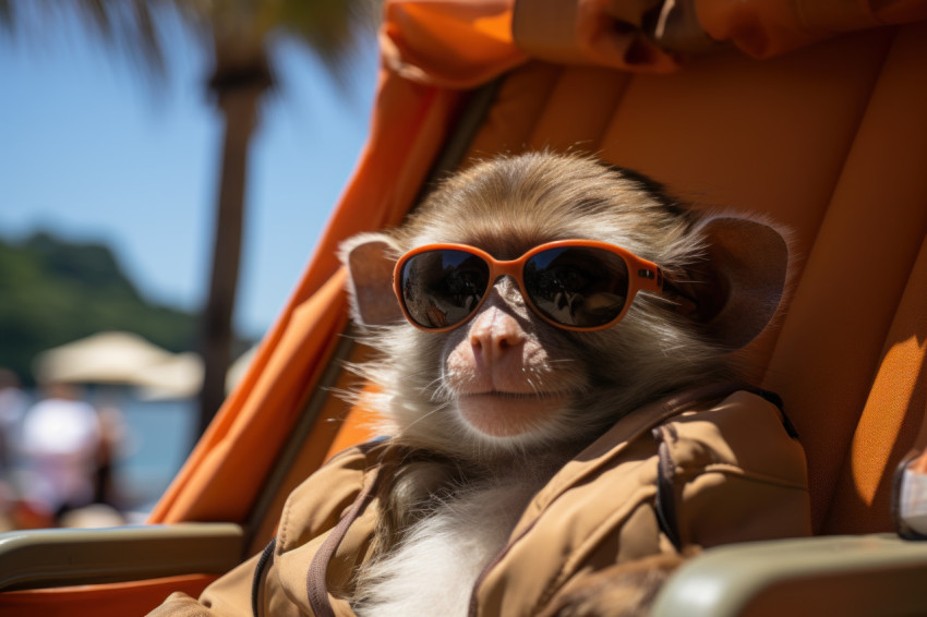 Monkey in sunglasses unwinding under a beach umbrella