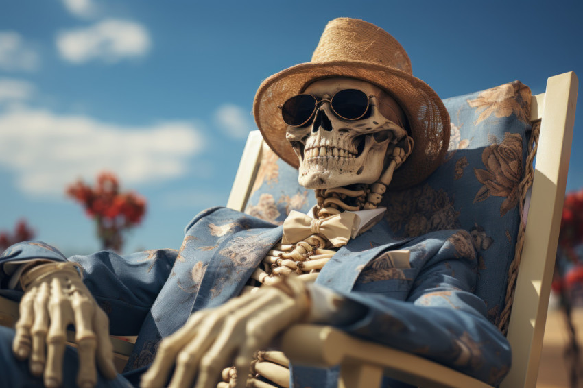 Skeleton lounging by the seaside