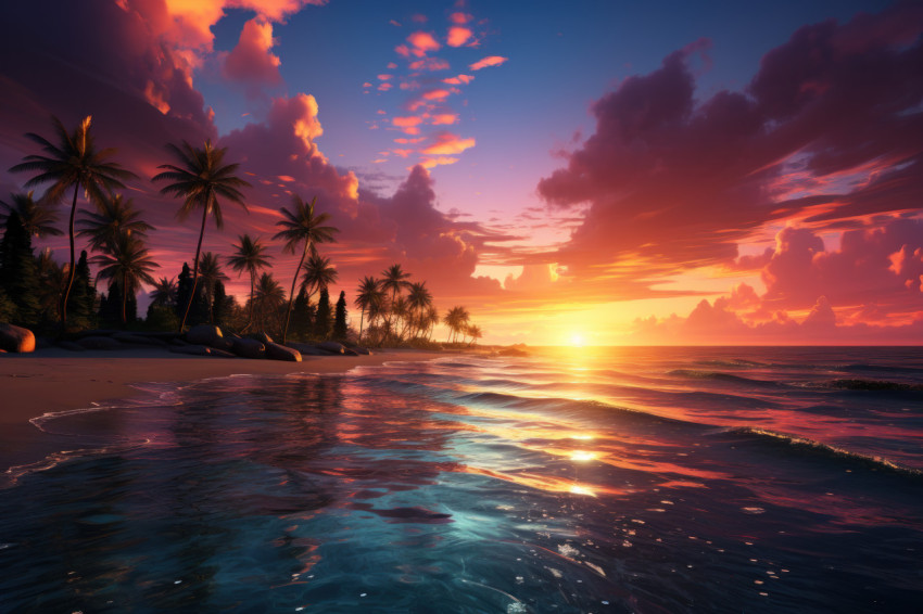 Palm trees adorning a tropical sunset on the sea