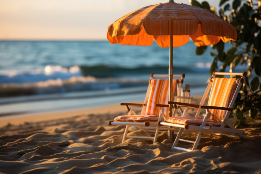 Mini beach chairs and umbrellas at sunset