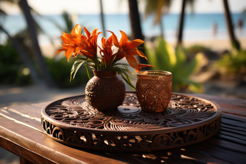 Wooden table with palm tree panorama and white background