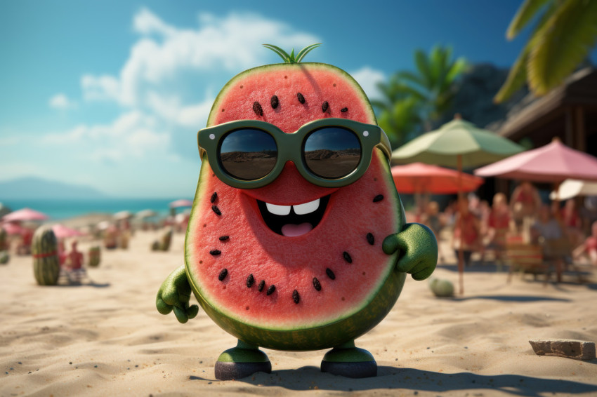 Sunglasses wearing watermelon enjoying the sand