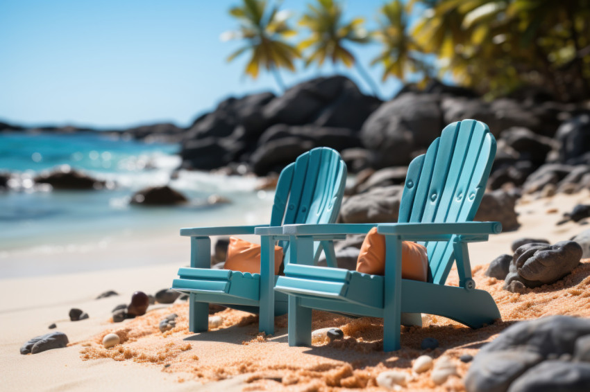 Beach chairs and palm trees adorning the scenic shoreline