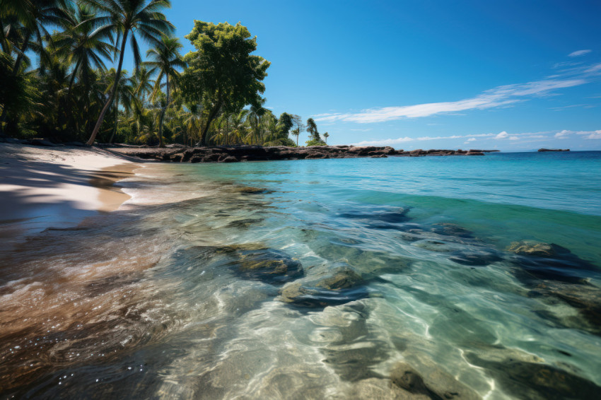 Palm tree basking in the radiant summer sun by the ocean