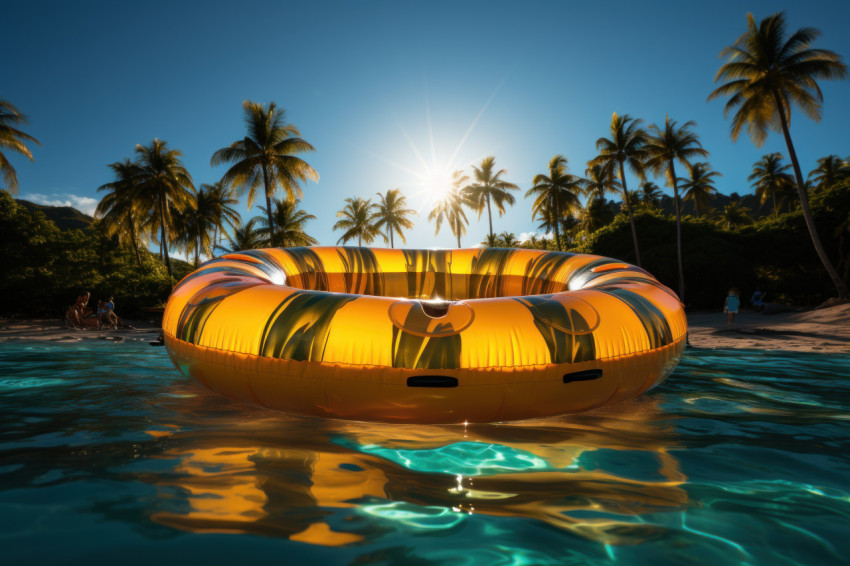 Golden pool float amidst palm trees in a summer concept