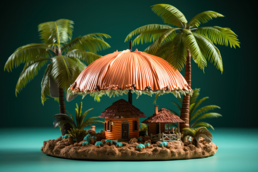 Idyllic tropical island with a large umbrella and fresh coconut