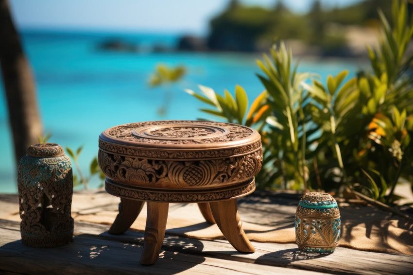 Stool positioned to enjoy a beach surrounded by palm trees