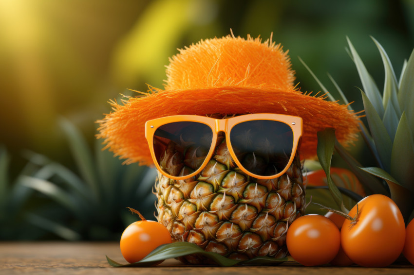 Hat and sunglasses paired with fresh orange and pineapple