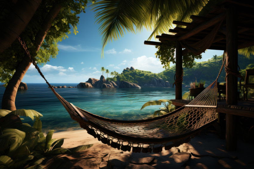 Relaxing hammock scene with sunlight and palm tree