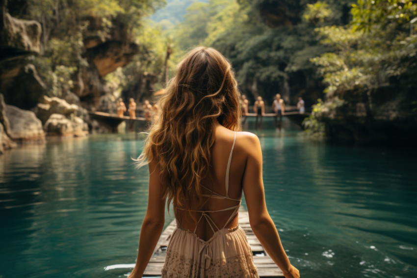 Woman in pink on the back of a boat in thailand