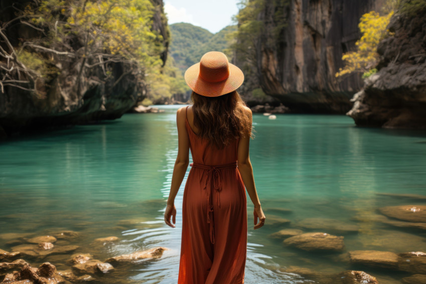 Vacationer in red hat standing in crystal clear waters