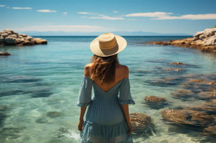 Creative pose of a woman with sun hat in the water