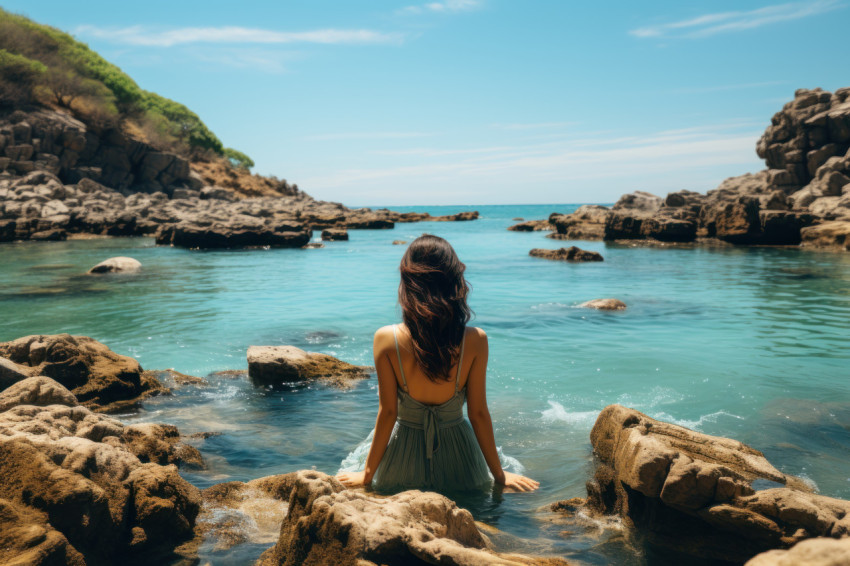 Woman sitting amidst rocks dipping into the sea