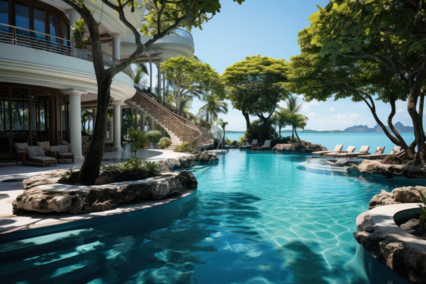 Exotic pool setting with towering palm trees