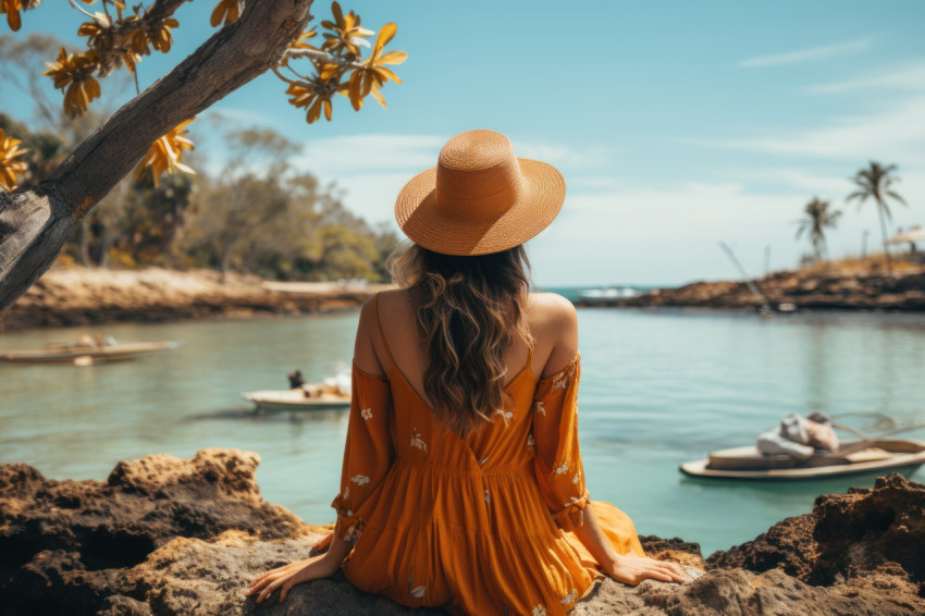 Girl with straw hat and red dress enjoying the ocean view