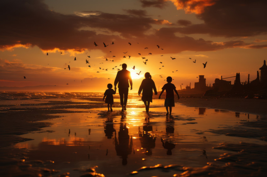 Family unwinds and cherishes the sunset on the beach