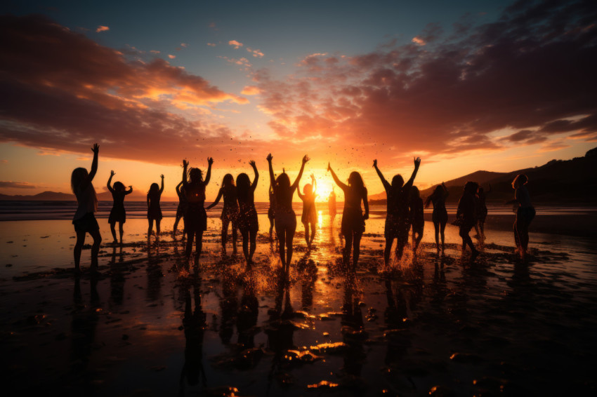 Silhouette of a playful group enjoying the sunset beach