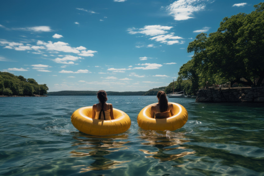 Two women enjoying the sea with an inflatable ring