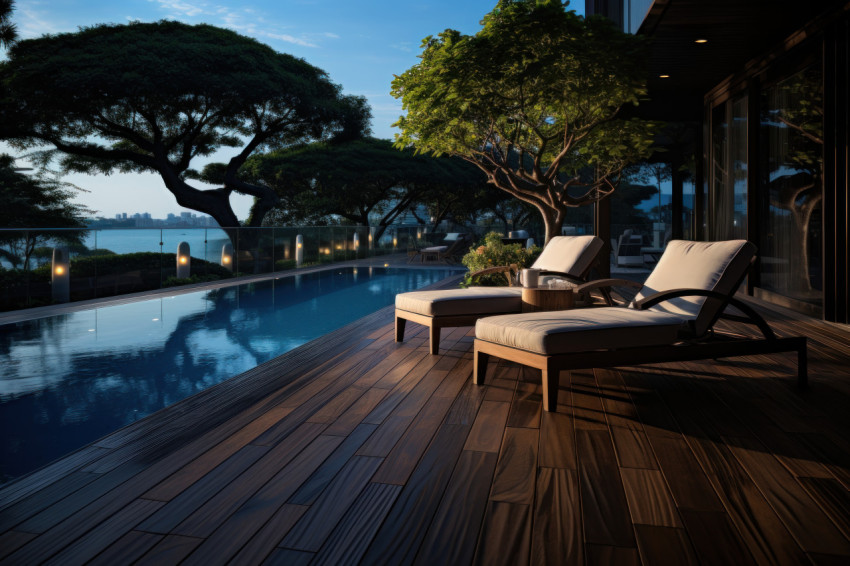 Relaxing by the pool on a deck framed by lush foliage