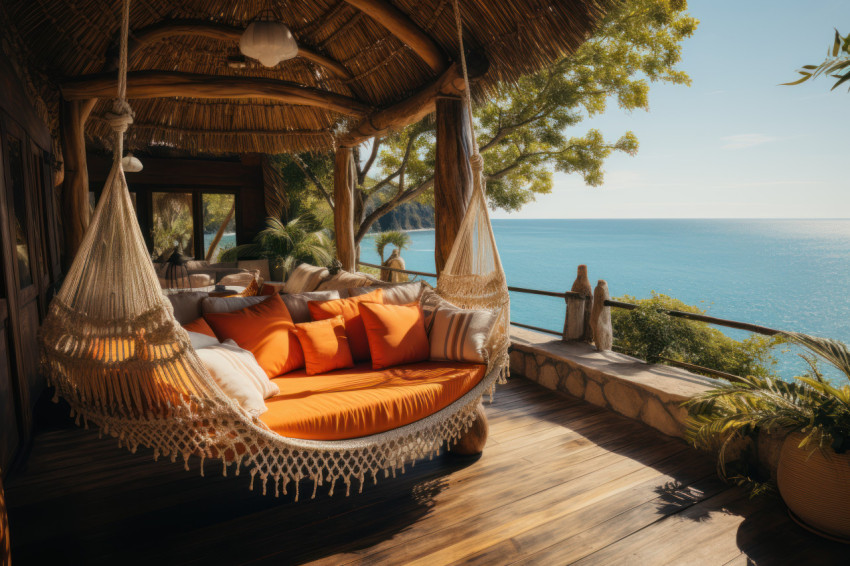 Enjoying ocean breezes in a hammock beneath a thatched hut