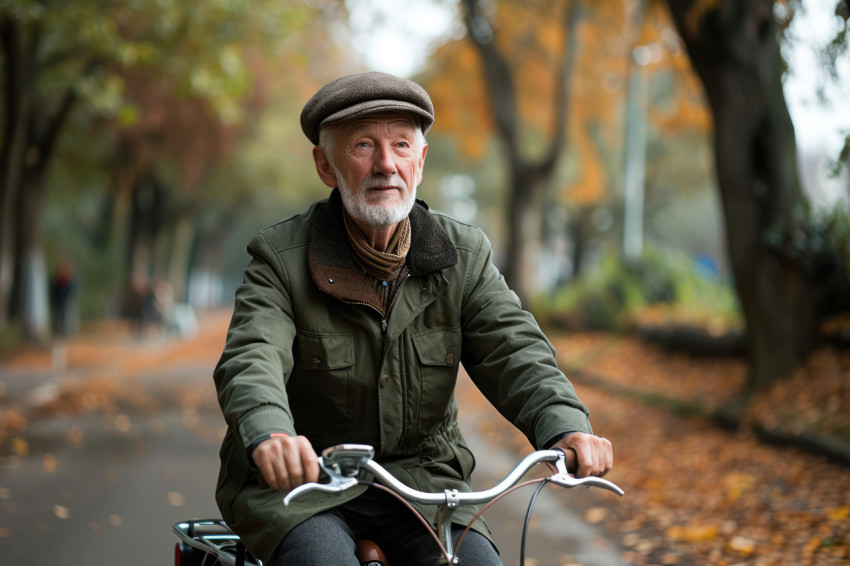 Elderly gentleman cycling in cold weather