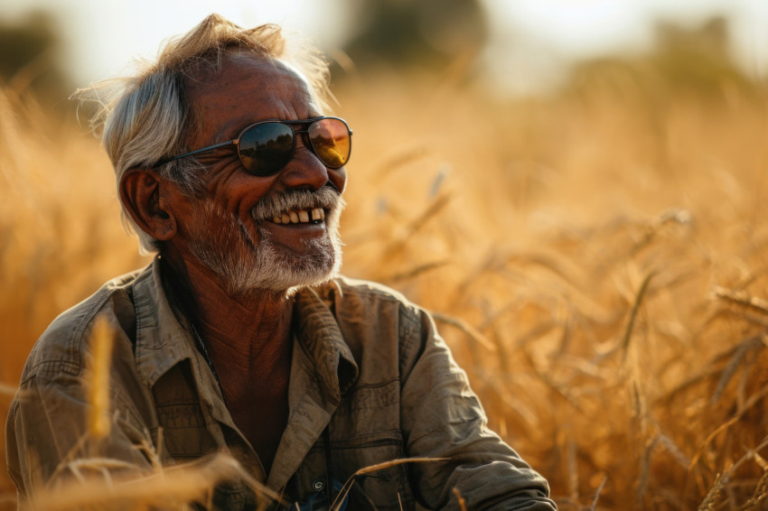 Smiling grandpa enjoys the sun in sunglasses in a field