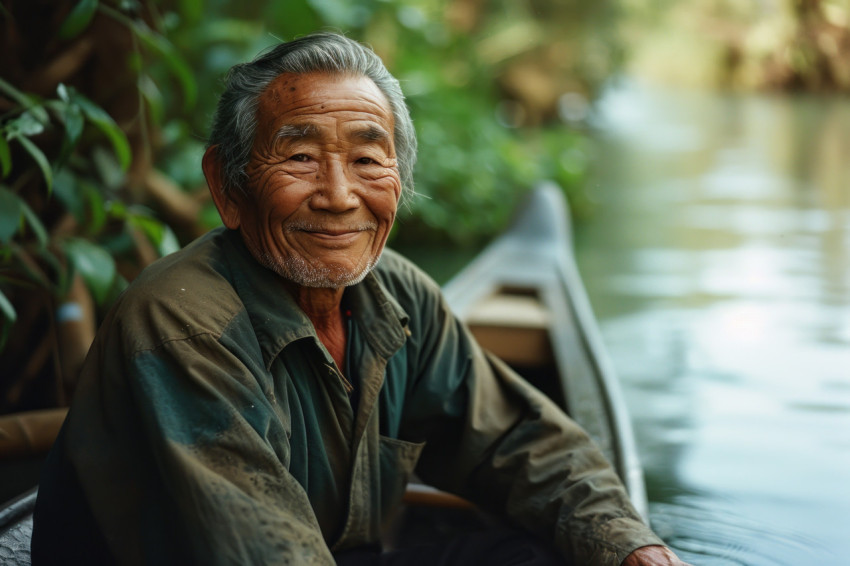 A happy grandpa enjoying his canoe ride