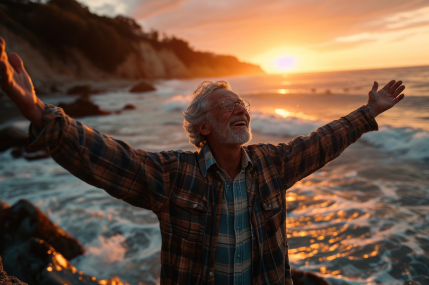 Senior man raises arms smiling brightly at beach sunset