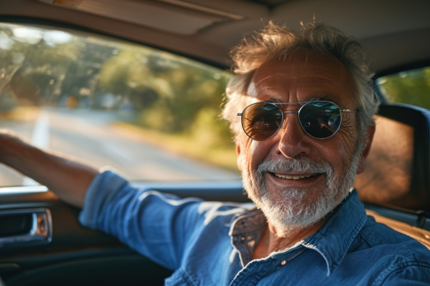 A smiling grandpa in a blue shirt and sunglasses drives his car