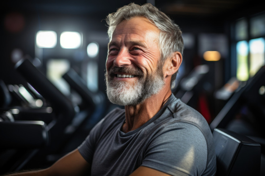 Smiling senior embracing exercise equipment