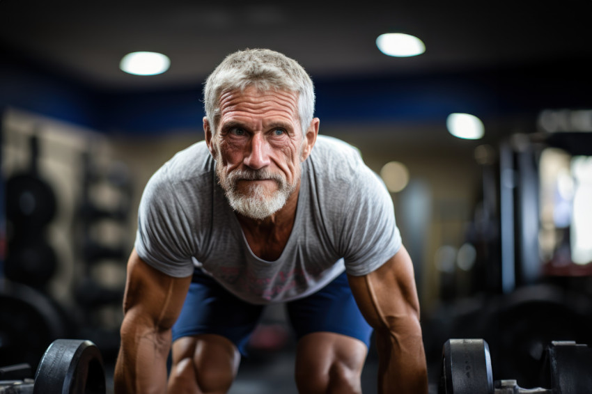 Elderly gentleman performing weightlifting exercises