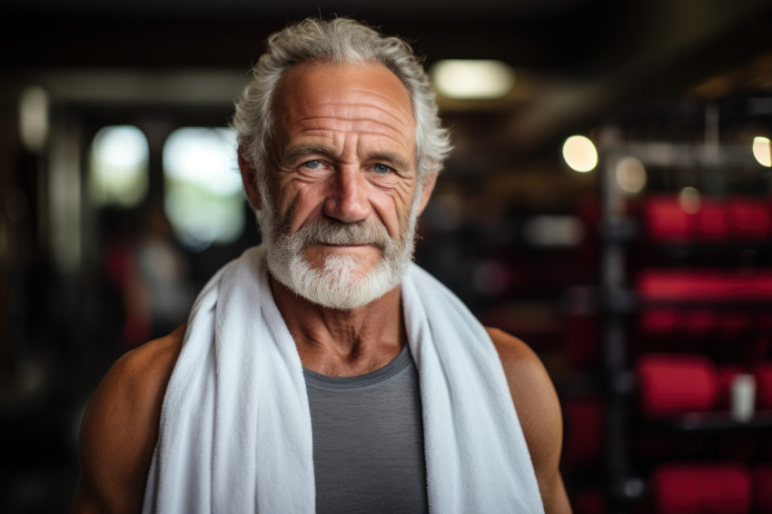 Senior man in gym attire with towel