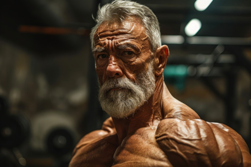 Elderly muscle man at gym