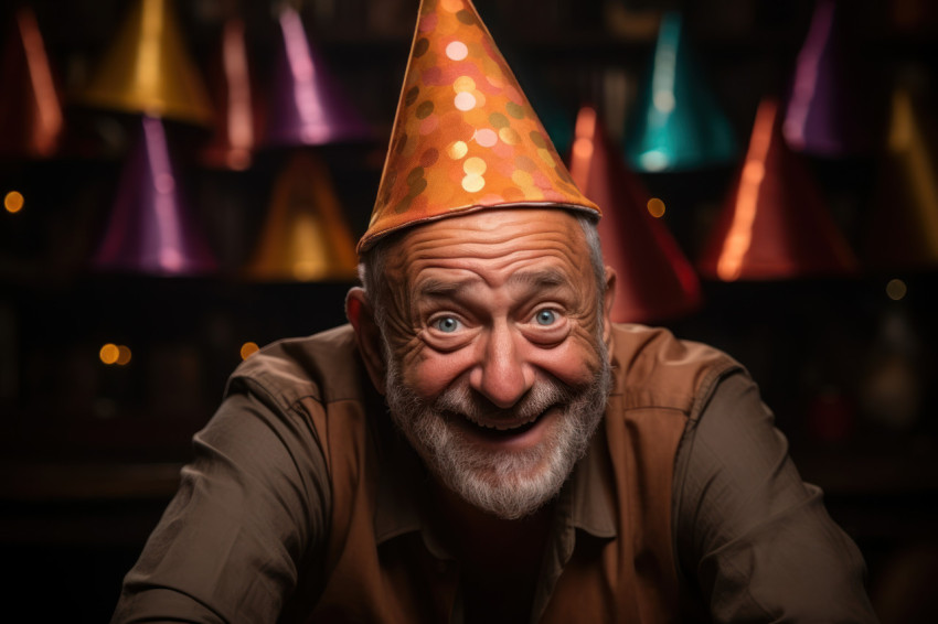 Elderly man donning fun party hat