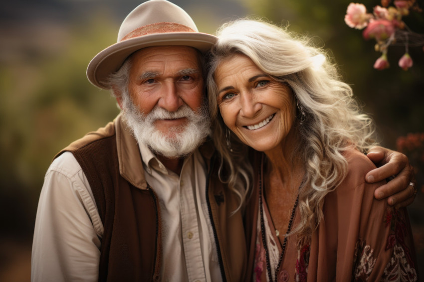 Happy elderly duo delighting in nature