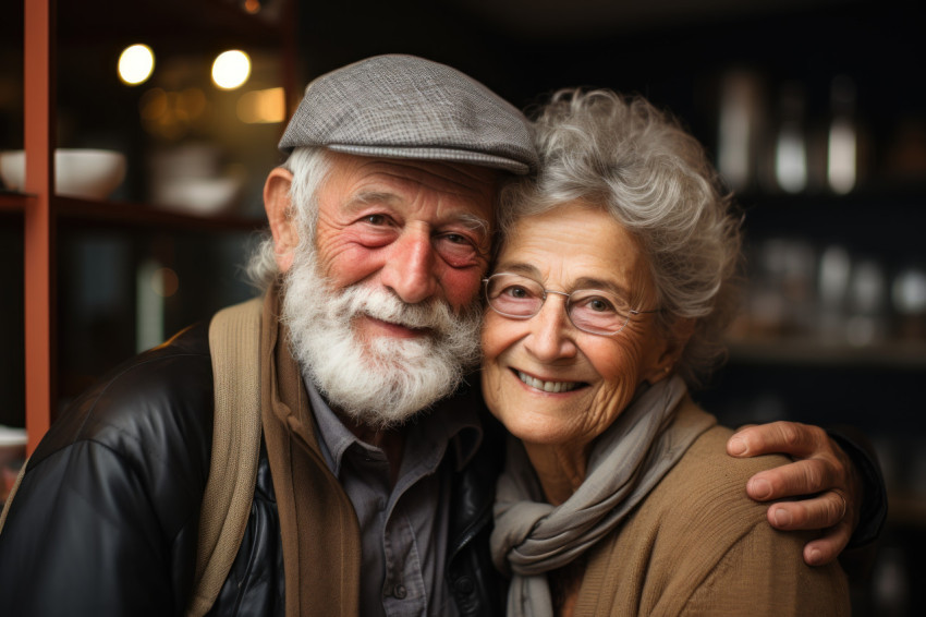 Retired couple embracing in their home