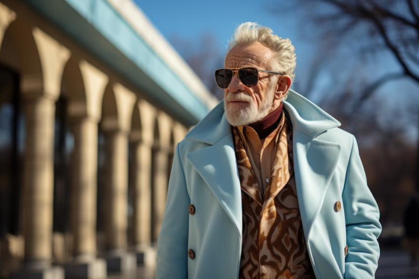 Elderly man radiates style in classic coat