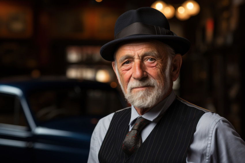 Older gentleman in hat and suspenders