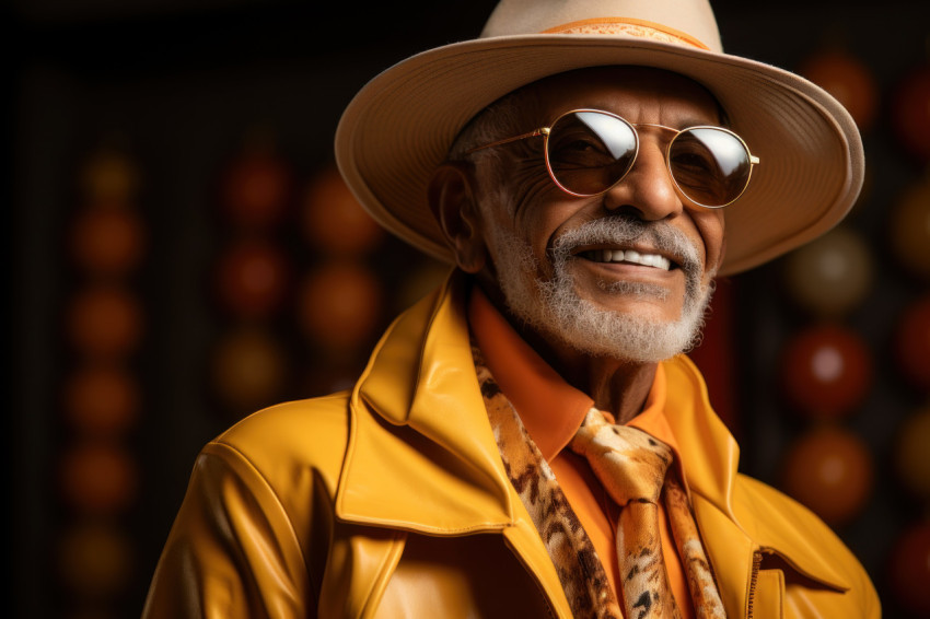 Older man exuding style in beige jacket and sunglasses