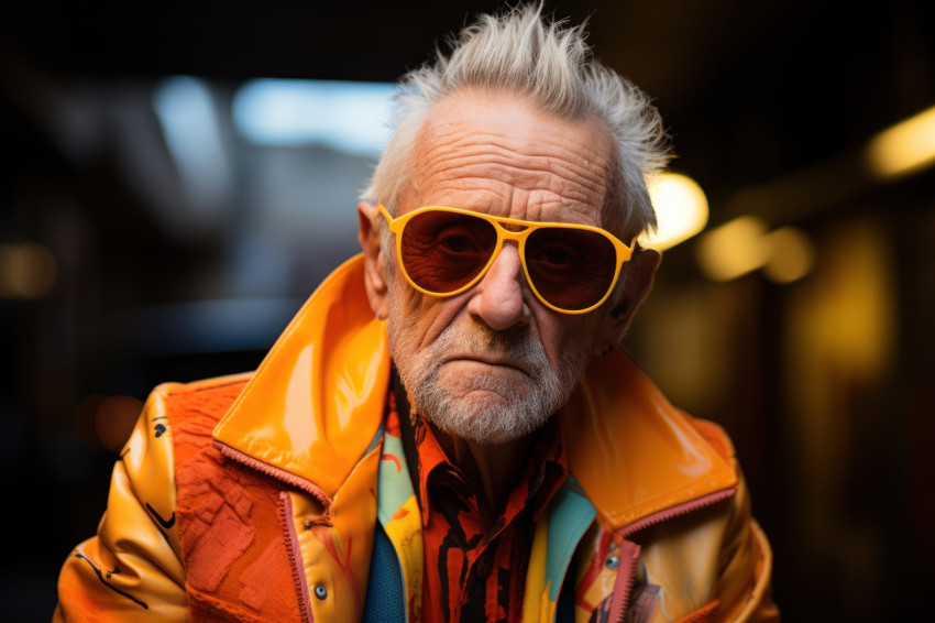 Older man yellow jacket and sunglasses