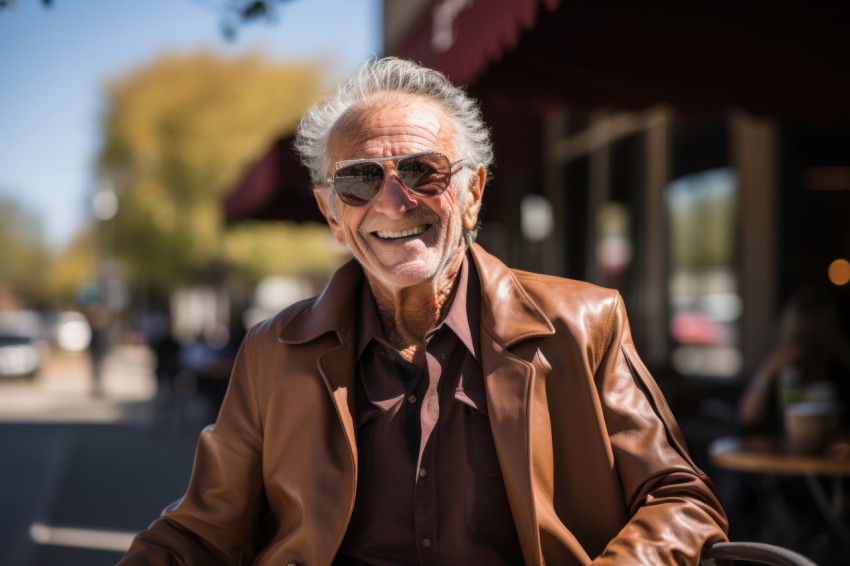 Older man exuding style in bourbon jacket