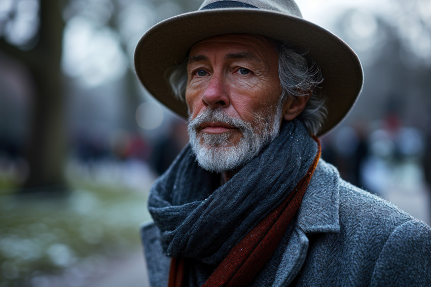 An elegant older man embraces winter fashion in the park with a hat and scarf