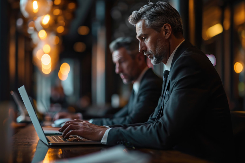 Suited men collaborating and examining digital information